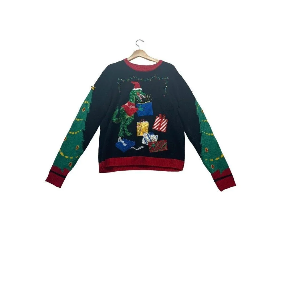 VELOCIRAPTOR Dino PRESENTS Ugly CHRISTMAS SWEATER Mens SIZE L Used